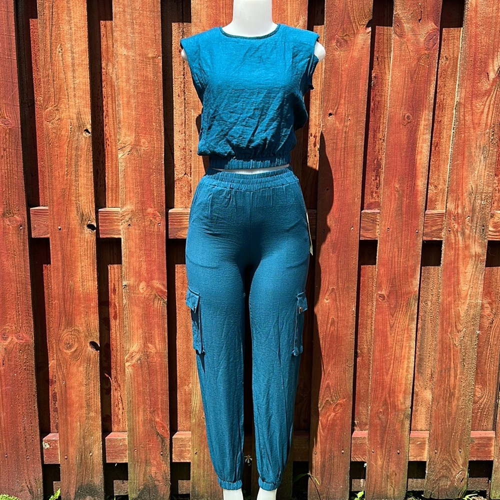 Paper Crane Blue Pantsuit 2Piece Set Fitted Waist Size XS